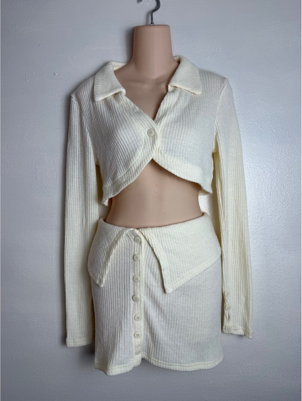 SHEIN Cream Ribbed Knit 2 Piece Crop Top Mini Skirt Set XS